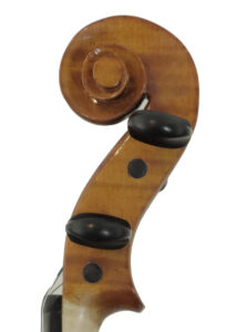 Treble side of scroll of violin named Verity