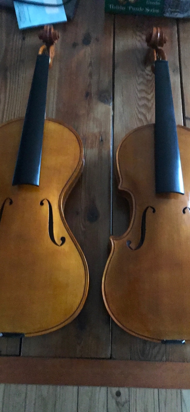 Violins named Verity and Beget side by side without strings and bridge